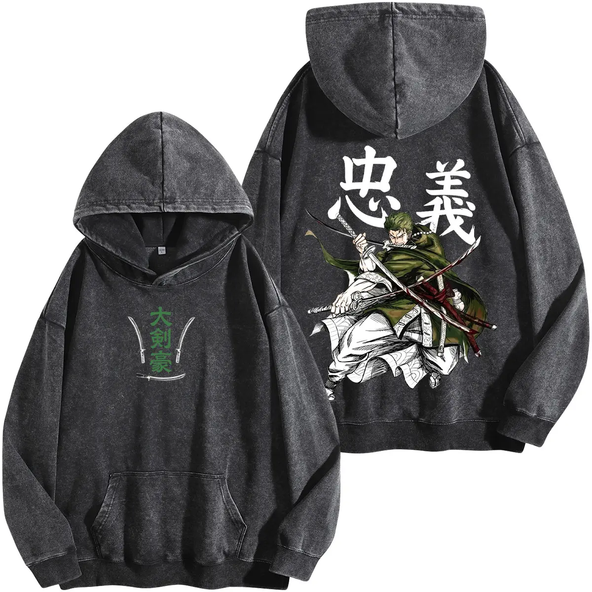Roronoa Zoro Washed Hoodie One Piece Anime Pirate Hunter Santoryu Three Sword Style Manga Graphic Double Printed T Shirt Heavy Cotton Unisex Oversize Vintage Streetwear