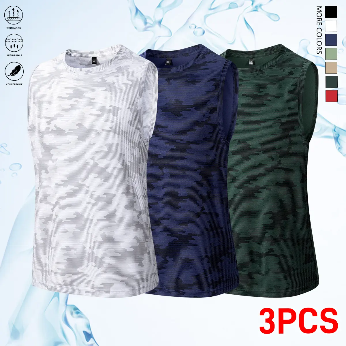 Men's 3-Pack Athletic Camouflage Vests in Blue, Green & Red, Breathable Quick-Dry Polyester Tank Tops with a Crew Neck for Casual Spring & Fall Hiking, Outdoor Wear, Athletic Tank Top, Sleeveless Workout Vest, Hiking Vest