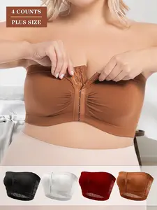 4-Piece Super Soft Plus Size Bandeau Bra Breathable Front Buckle Tube Top Wireless Invisible Fitted Chic Underwear Lingerie for Daily Wear & Party