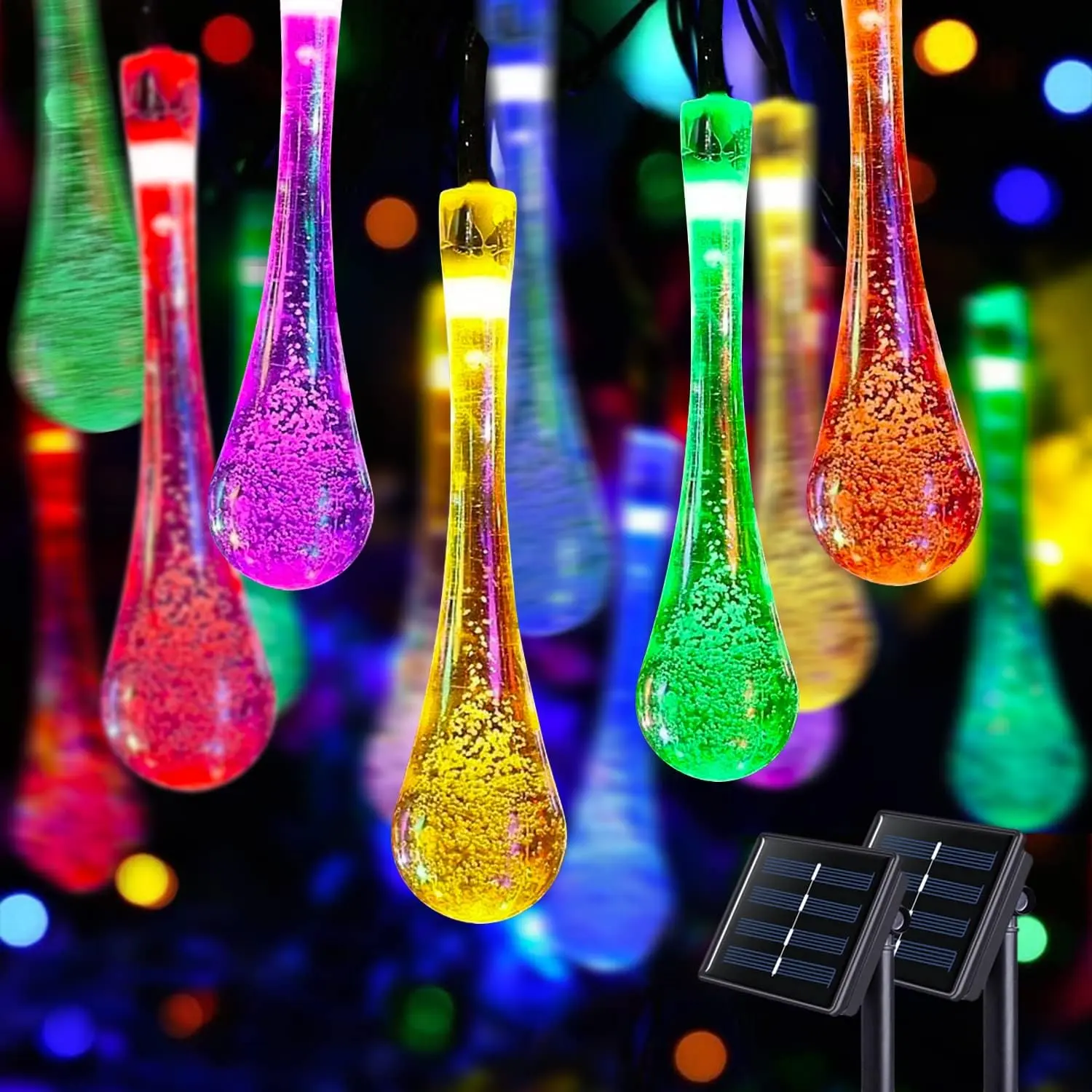 JMEXSUSS 2-Pack Teardrop Solar Outdoor String Lights - 41.6ft, 60 LED Water Drop, Memory Mode, Water Resistant, Twinkle Mood Lighting for Outdoor Patio Backyard Glow Up