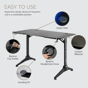 POUT Game Station 1 RGB LED Gaming Desk with LED Lights, Headphone Hook, Cable Hole, 16-Color Controller & Cup Holder — 47-inch Premium Steel Gamer Desk with Carbon Fiber Surface