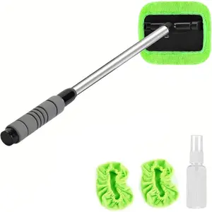 Windshield Cleaner Tool with Extendable Handle,Portable Car Interior Window Cleaning Kit , 3 Microfiber Towel Pads, Auto Glass Wiper for Windshield, Trucks, SUVs, RVs, and Home Windows