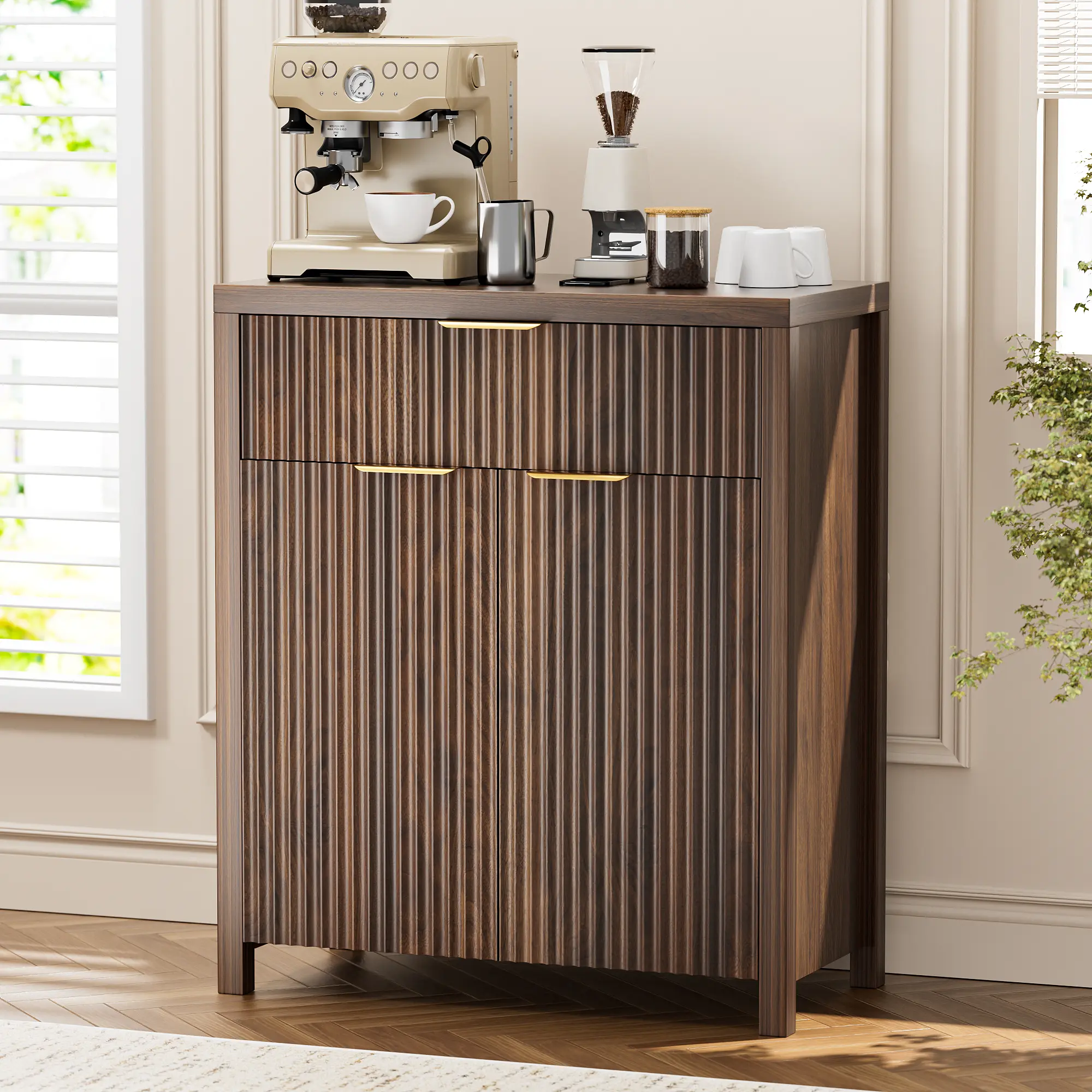 Aowos Fluted Sideboard Buffet, 28''/55'' Wooden Storage Cabinet with Adjustable Shelves, Freestanding Kitchen Pantry Cabinet, Floor Storage Cabinet Cupboard for Kitchen, Living Room, Christmas Gift