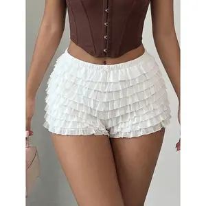 Women's Ruffle Layered Mini Shorts, White Elastic Waist Frilly Bloomer Shorts for Casual Streetwear Outfits