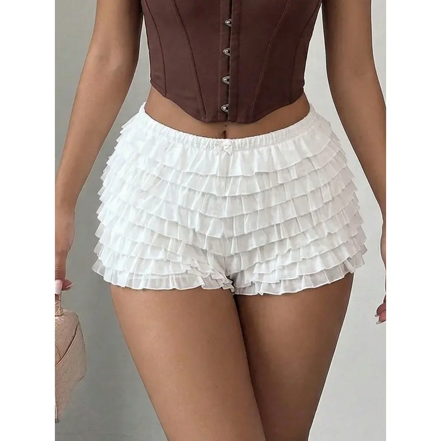 Women's Ruffle Layered Mini Shorts, White Elastic Waist Frilly Bloomer Shorts for Casual Streetwear Outfits