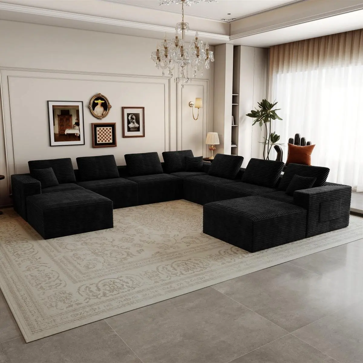 Aobtkel 9-Piece Modular Sectional Couch - 141.73x141.73in Plush Corduroy Comfy Reversible Modern Cloud Couch, Upholstered Compressed Multiple-Seat Living Room Furniture, No Assembly, Free Combination, Black