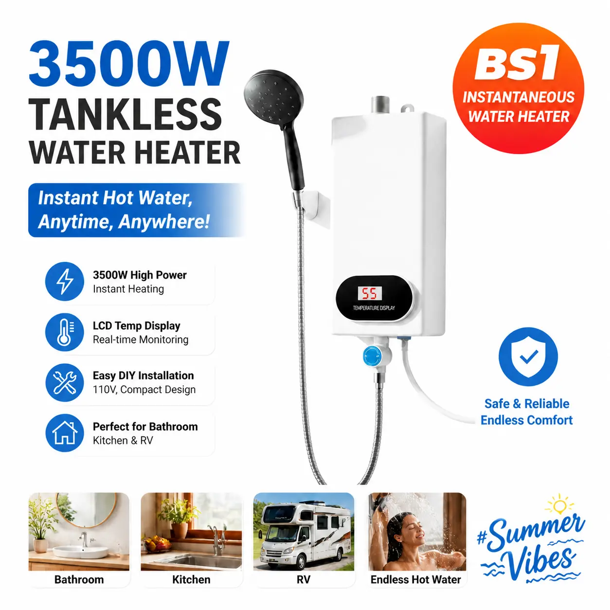 110V Plug 3500W Power Tankless Electric Water Heater with Shower Head, Instant Heat, LCD Temperature Display, Compact Household Appliances for Bathroom, Small Spaces