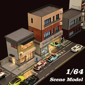 Diorama 1/64 City Street Building Scene Model Coffee Shop Convenience Store Repair Shop LED Lighting Residential Building Restaurant Die-Cast Car Collection Car Display Car Parking Garage