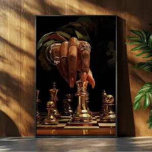 Black Woman Playing Chess Wall Art Print - Artistic Hand-Tape Accent, Feminine Bedroom & Living Room Decor