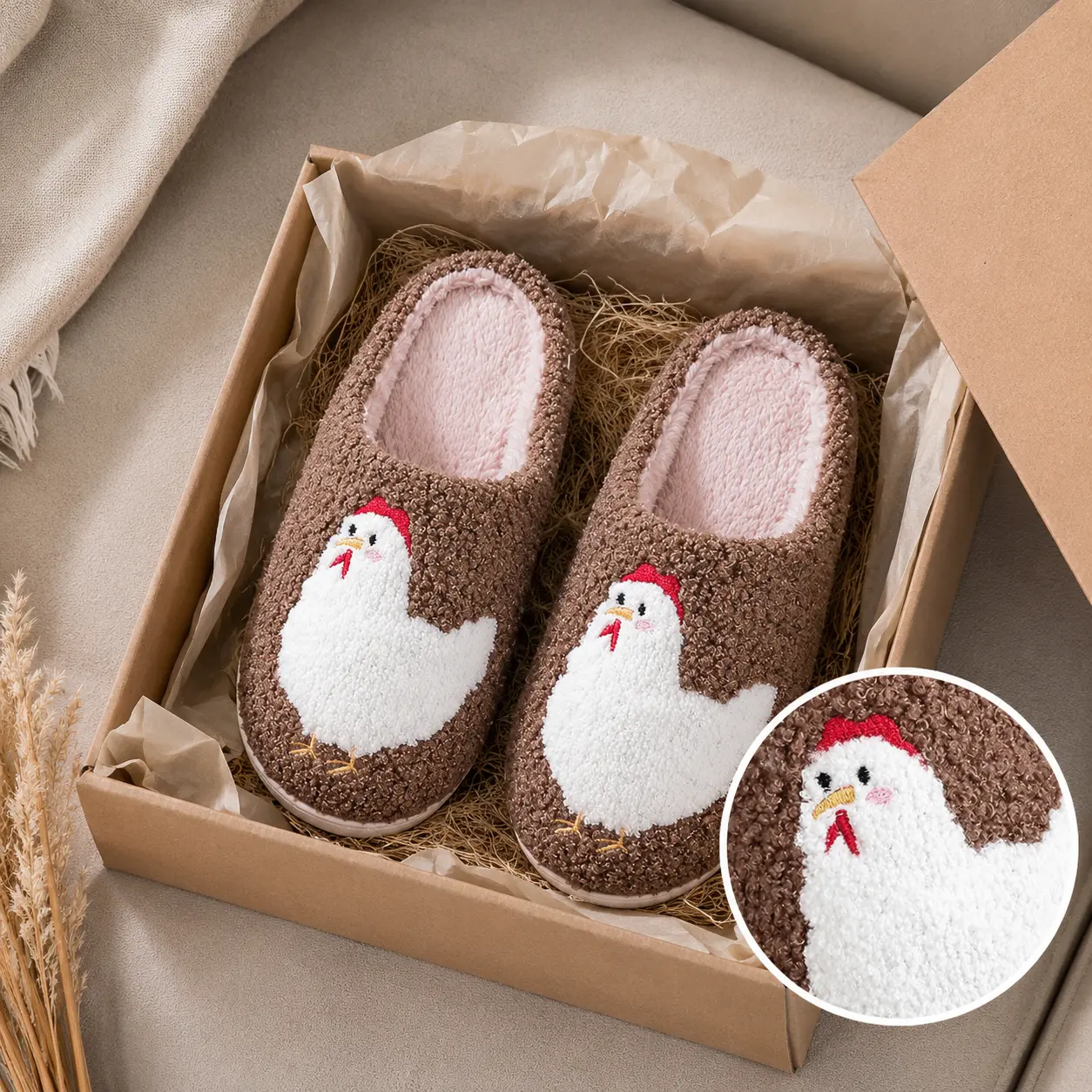 Women's Cute Chicken Print Indoor Slippers - Round Toe, Cotton Upper, Fleece Plush Slip-On, Anti-Slip, Comfortable Casual House Shoes, Anti-Slipping