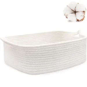 Small Storage Basket with Handles, Cotton Rope Woven    Bin, Decorative Shelves Closet Organizing for  Laundry Bedroom, 14.2''x 11''x 5.1''