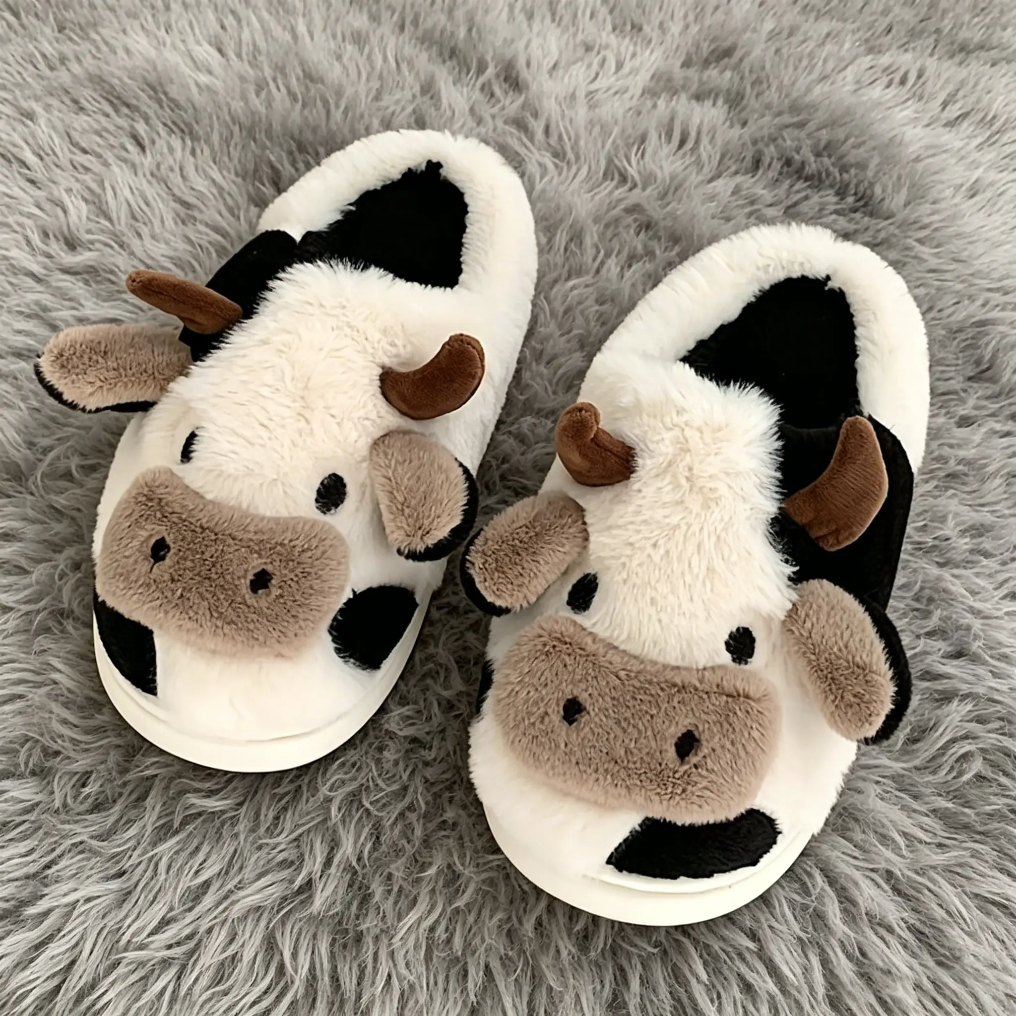 Women's Fuzzy Cow Cotton Slippers Portable Animal Slippers For Indoor Outdoor Warmth Lovely In Winter