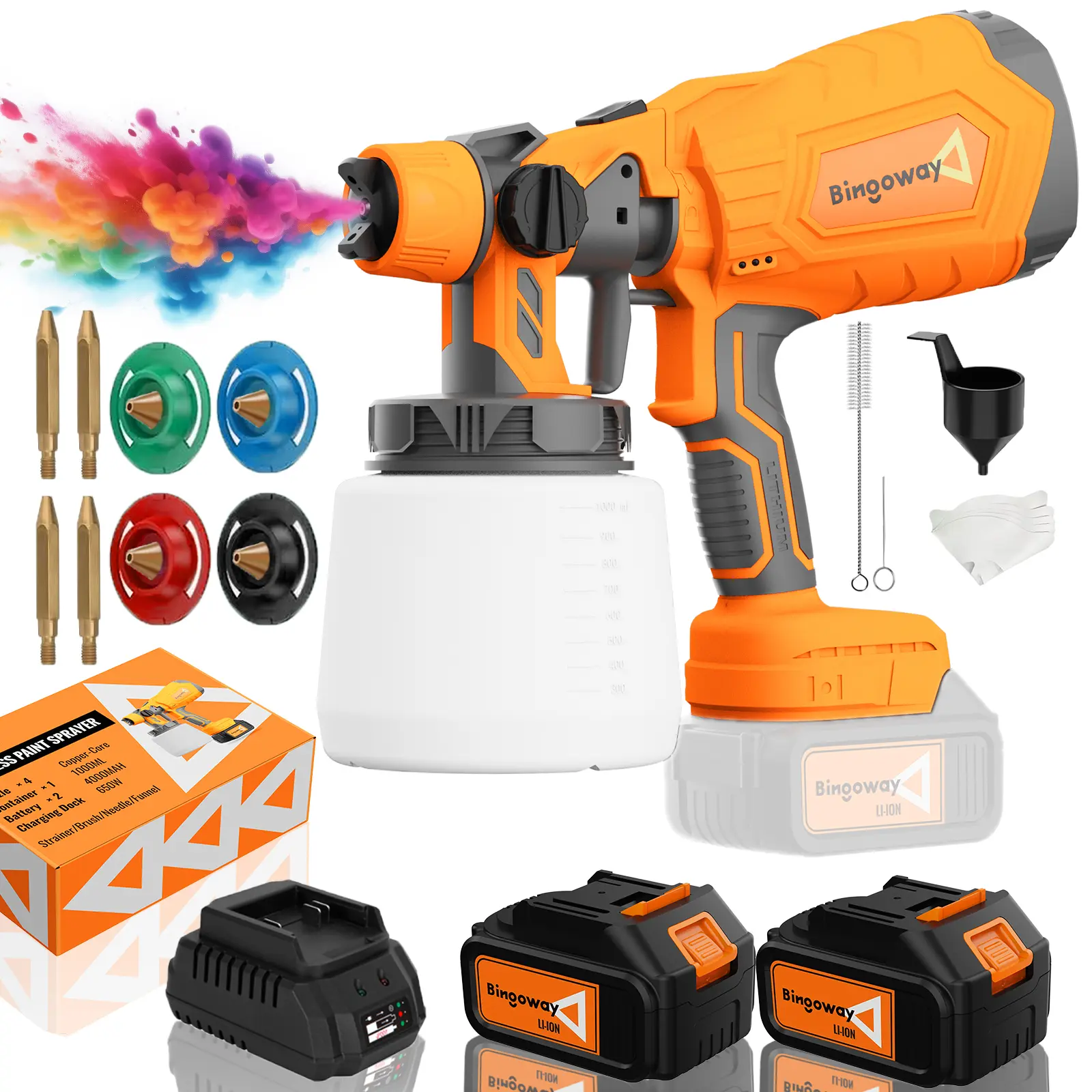 Bingoway Cordless Paint Sprayer with 21V Power, 2x4000mAh MAX Batteries Built-In, 700W Copper Motor, 700W HVLP Electric Spray Gun, Adjustable Spray Width, 4 Nozzles, 3 Patterns, 1000ml Container, Easy-to-Clean for House Painting, Wood/Furniture Projects