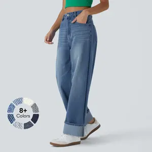 Halara High Waisted Multiple Pockets Rolled Hem Wide Leg Washed Stretchy Knit Casual Jeans   #TikTokShopHolidayHaul