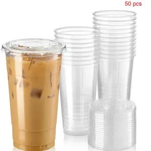 50 Clear Plastic Cups with Lids and Straws, BPA-Free Premium Ice Smoothie Cups for Parties, Lemonade, Cold Drinks, Juices, Milkshakes, Disposable Cups
