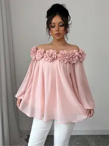 Elegant Women's Off-Shoulder Chiffon Top with 3D Floral Decorations, Lady Soft Smooth Lightweight Woven Fabric Long Sleeve Blouse for Daily Wear, Dates & Parties