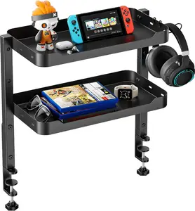 ARES WING 2-Tier Clamp On Desk Shelf, 16 inch Adjustable Above or Under Desk Storage Shelves Holds 44 lbs, Heavy Duty Desktop Organizer with Headphone Holder for Working and Gaming Accessories, Black