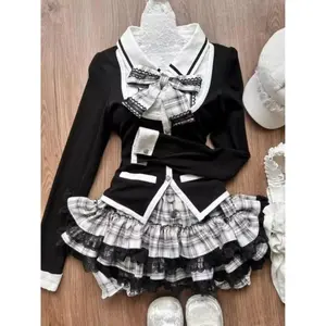 Woman Japanese Kawaii Preppy Style Skirt Sets Sweet Lace Patchwork Bow Tops Y2k Plaid Mini Skirts Female Elegant Lolita Outifits Clothes Sleeve Suits Corset Womenswear Gamis 12351 Fitted Short