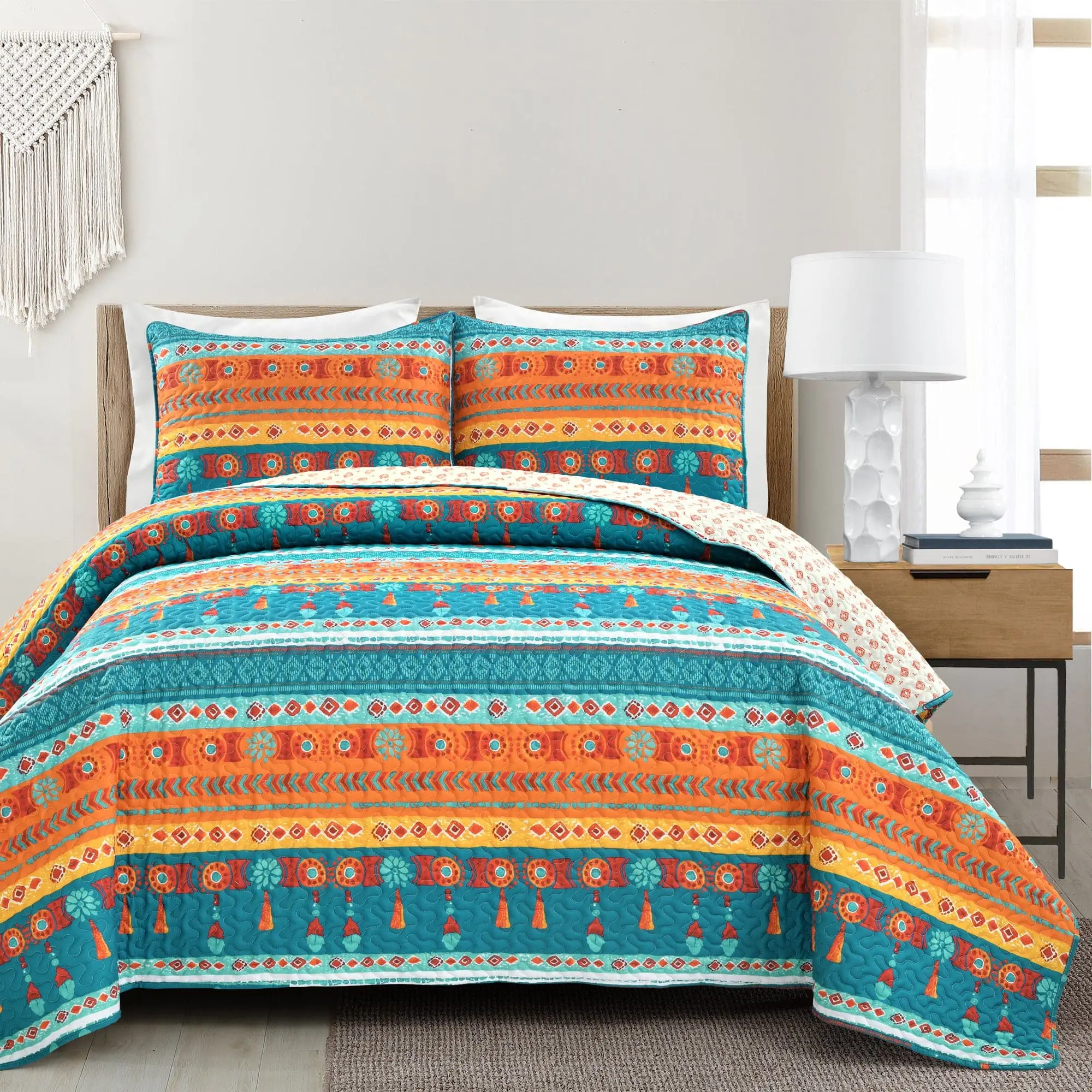 Lush Decor Boho Watercolor Border 3-Piece Quilt Bed Cover Set, Reversible Bright Coloured Print Stripes, 100% Polyester, Machine Washable, Queen/King Bright Coloured Quilts & Queen Comforter Set