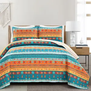 Lush Decor Boho Watercolor Border Quilt 3 Piece Set Reversible Colorful Stripes 100% Polyester Machine Washable Queen/King Size Bohemian Style