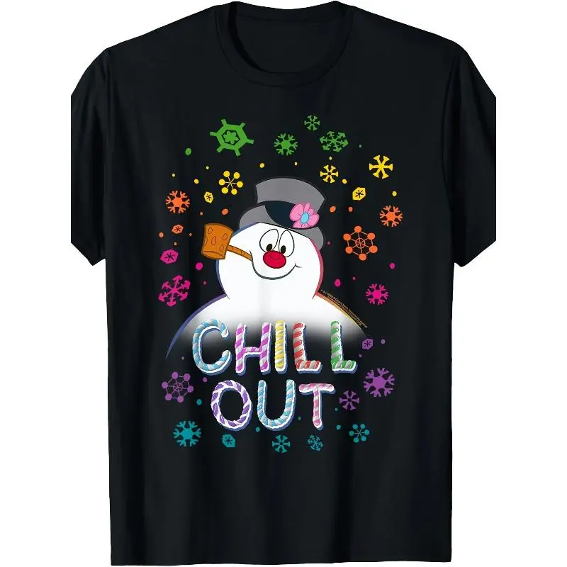 Vintage Frosty the Snowman Graphic Tee, Unisex 'Chill Out' Loose Fit 100% Cotton Holiday Top, Crew Neck Short Sleeve Sportswear, Tops, Activewear, Athletic, Moisture Wick, Graphic Print, Streetwear, Women, Casual, Round Neck, Tshirt, Shortsleeve, Moisture