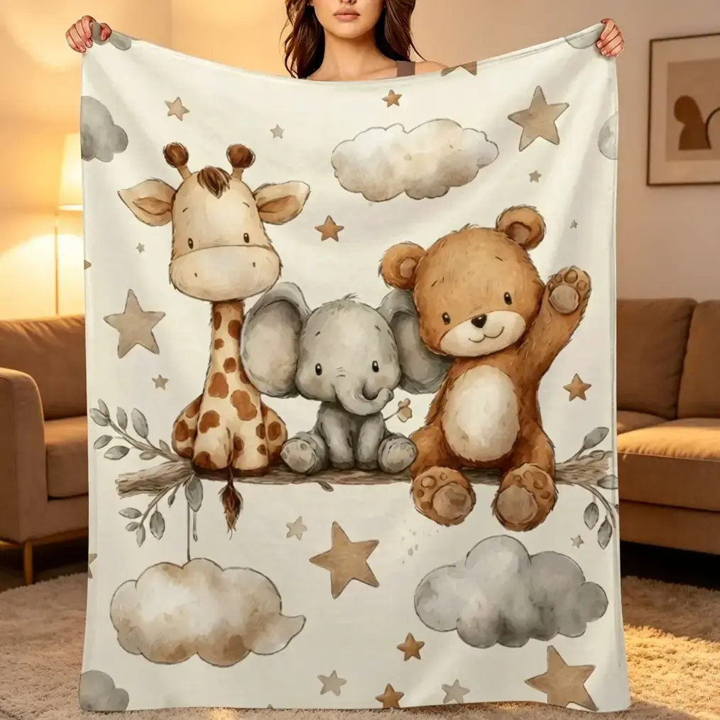 Watercolor Safari Animal Baby Blanket, Neutral Giraffe Elephant Teddy Bear Nursery Throw, Soft Crib Blanket for Newborn Boys & Girls, Flannel Plush Baby Bedding Blanket for Stroller Nursery Decor Baby Shower Gift