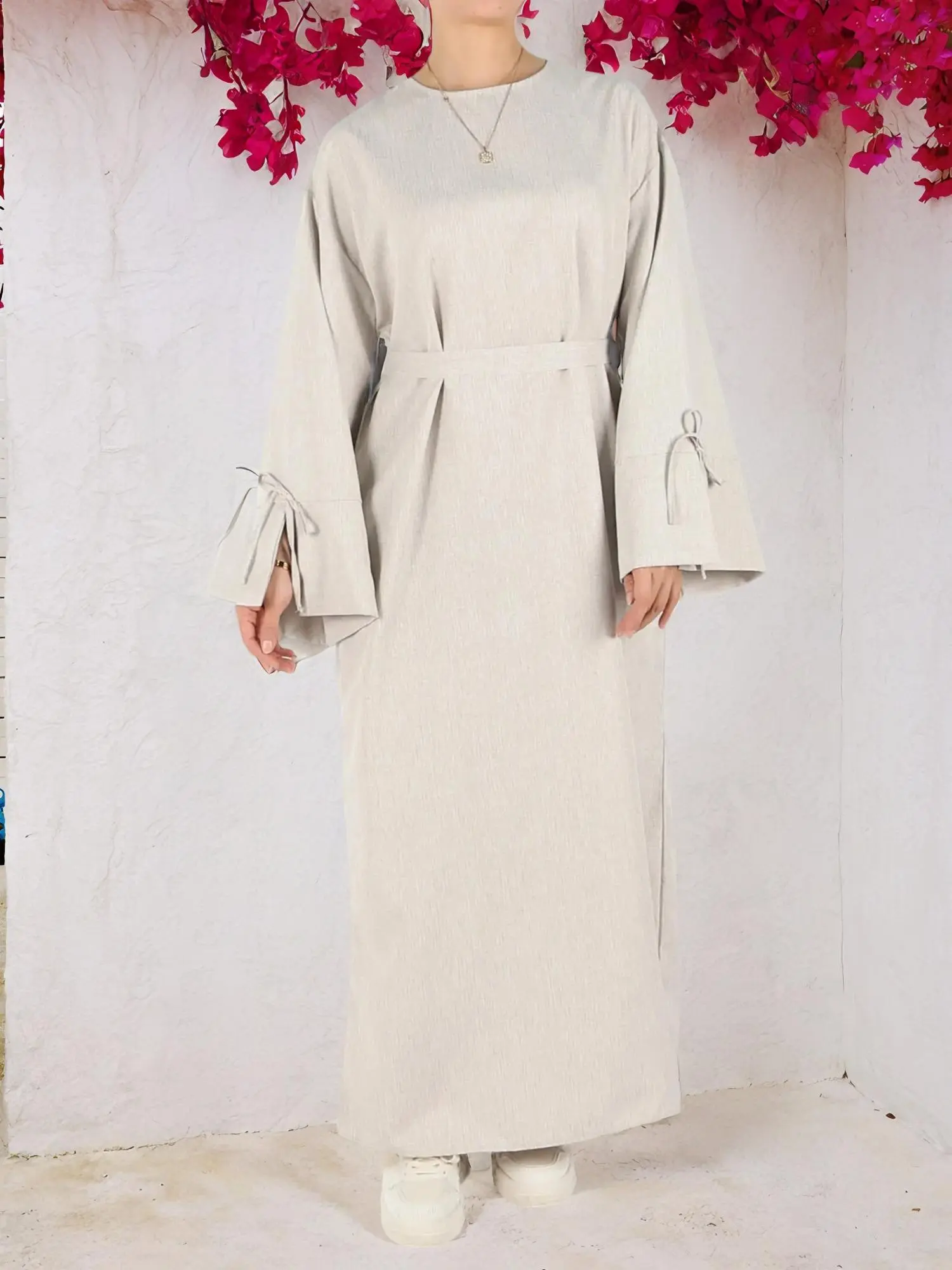 Women's Solid Belted Long-Sleeve Muslim Dress, Casual Modesty Round-Neck Dress for Daily Wear, Ladies Abaya, Islamic Clothing for All Seasons, Abaya Dress Set, Tunic Dress, Modest Style Dress, Modest Summer Outfit, Loose Abaya Dress