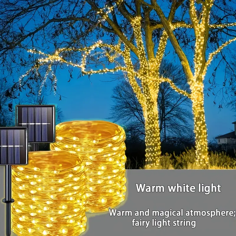 Ledoor 2 Pack of 104/39.3FT (300/100LED) Solar Outdoor Lights, Outdoor Solar String Lights, Copper Wire 12 Pattern Solar Tale Lights Garden Yard Tree Christmas Party Wedding (Warm White ) Nimh Battery with Cable Management Reel IP65