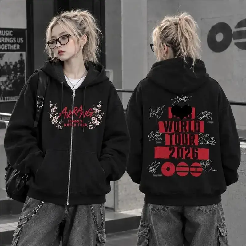 Retro Arirang Graphic Zip Up Hoodie, Star Detail Hooded Sweatshirt, Front Pocket Casual Streetwear Jacket for Men and Women, Kpop Inspired Gift