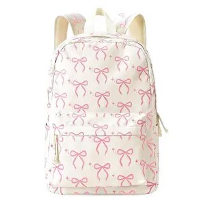 Women's Coquette Bow Accents Waterproof Backpack - Pink Preppy Aesthetic Cute Transparent Nylon Bookbag with Large Space for College, Travel, Preppy Crossbody Bag