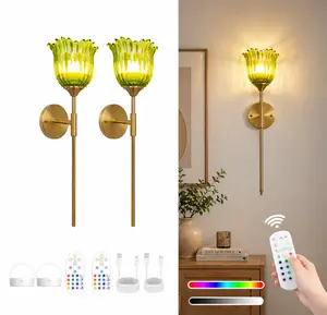 2-Pack Wireless Battery-Powered Wall Sconces with Green Glass Shade, Hardwired Indoor Wall Light Fixtures, Rechargeable RGB Magnetic Bulbs with Remote Control, 3 Temperatures for Living Room, Bedroom, Hallway, Dining Room