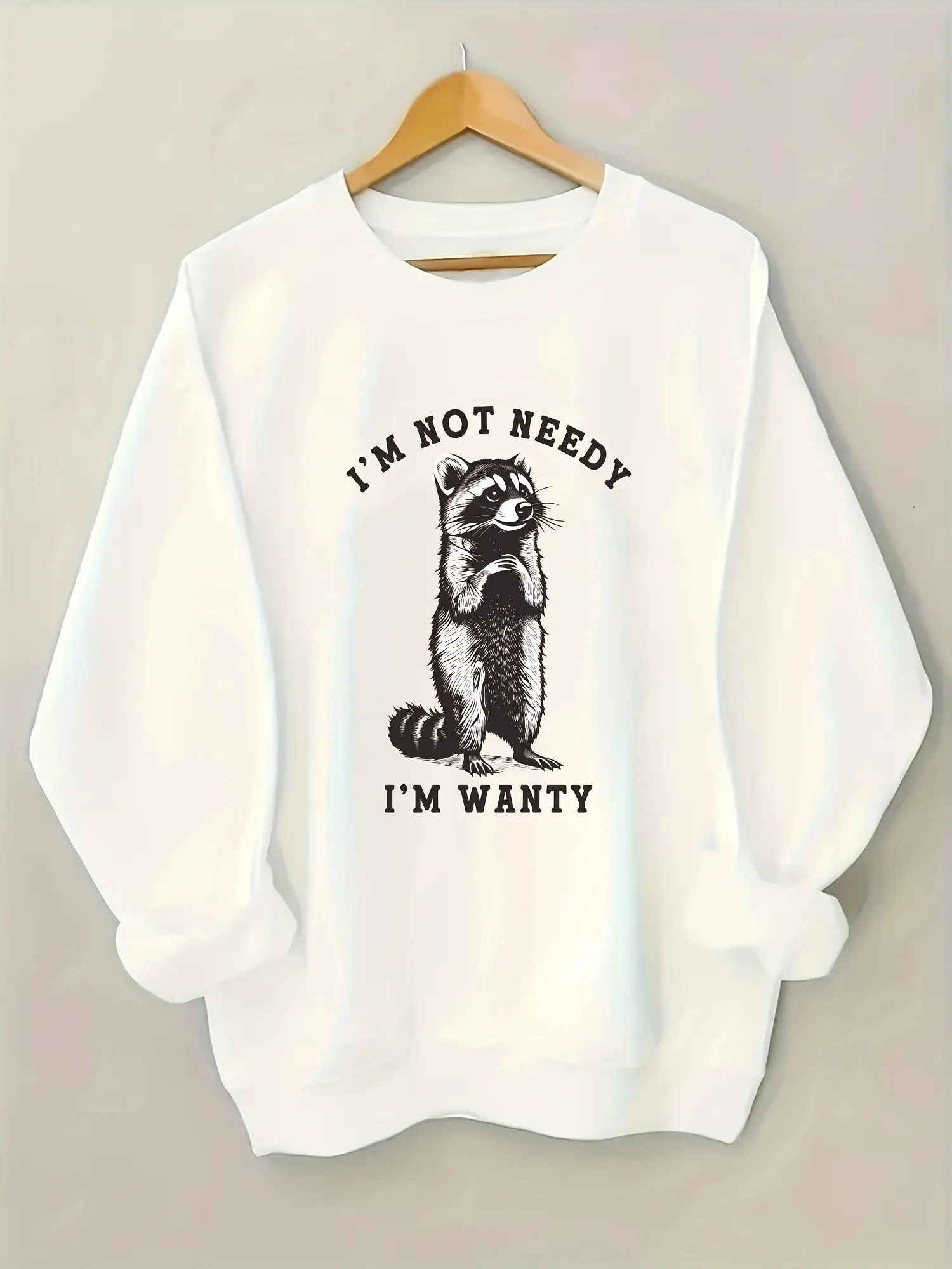 Women's Printed Oversized Long Sleeve Hoodie - "I'm Not Needy I'm Wanty" Raccoon Design, Comfortable Soft Everyday Apparel, Casual Daily Wear Roundneck Pullover, Sweatshirts