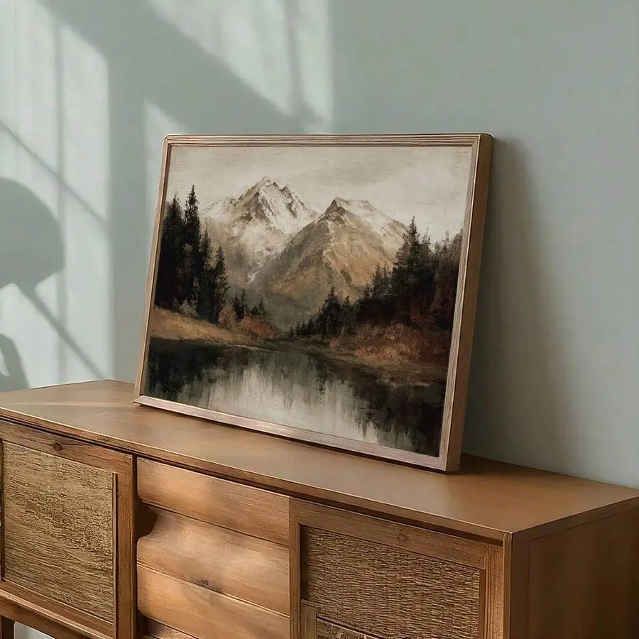 1pc Unframed Mountain Lake Landscape Vintage Poster Moody Dark Country Wall Art Canvas Print Minimalist Farmhouse Cottagecore Decor Retro Rustic Painting For Dorm,Bedroom,Living Room,Modern Home Decoration Artistic