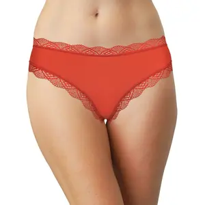 Women's Red Rib Microfiber Thong Panties - Nylon Breathable Fabric, Lace Trim, Feminine Elegance, Everyday Wear