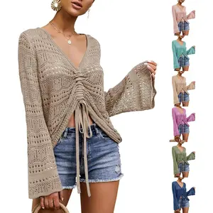 FMEYOA Women Crochet Top Beach Cloth Drawstring Shirt Cover Up Oversized Sexy Beachwear Lace Up Tee Poncho
