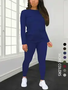 Women's Solid Long Sleeve Tee & Elastic Waist Pants Set, Casual Round Neck Top & Trousers for Spring & Fall, Women's Clothing for Daily Wear