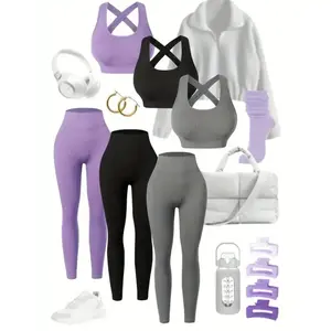 3pack, Women's High-Waisted Yoga Leggings Set With Built-In Bra, Seamless Design, Breathable Fabric, All-Season Wear (No Sweatshirt And Accesories)