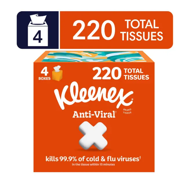 Kleenex Anti-Viral 3-Ply Cube Box Facial Tissues, 4 Pack (220 Total Tissues)