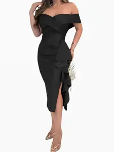 OFF THE SHOULDER DRESS WITH SIDE GATHERING AND STRETCH FABRIC