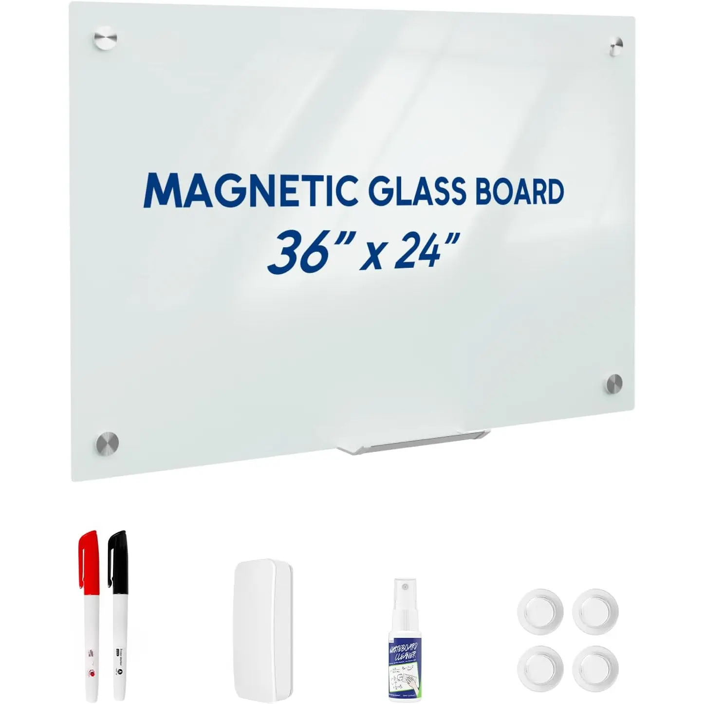 Tempered Glass Frameless Dry-Erase Whiteboard - 24"x36" Horizontal Wall-Mount Office Presentation Board, Durable, Includes AP-Certified Cleaner, Eraser, Marker, Easy Installation & Flexible Hanging