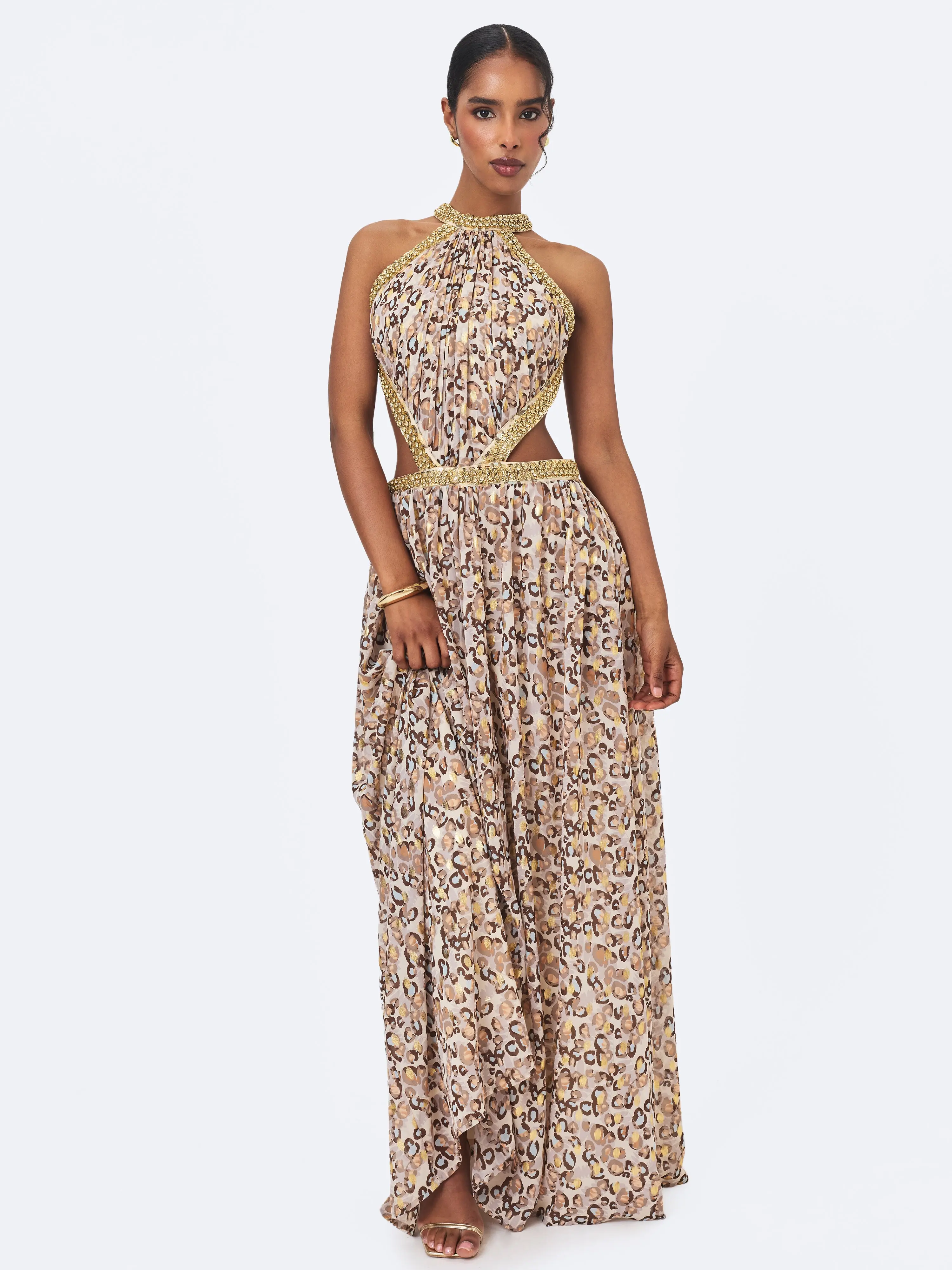 Quinnlyn Beige Cheetah Print Chiffon Halter Maxi Dress Quinnlyn Beige Cheetah Print Chiffon Halter Maxi Dress