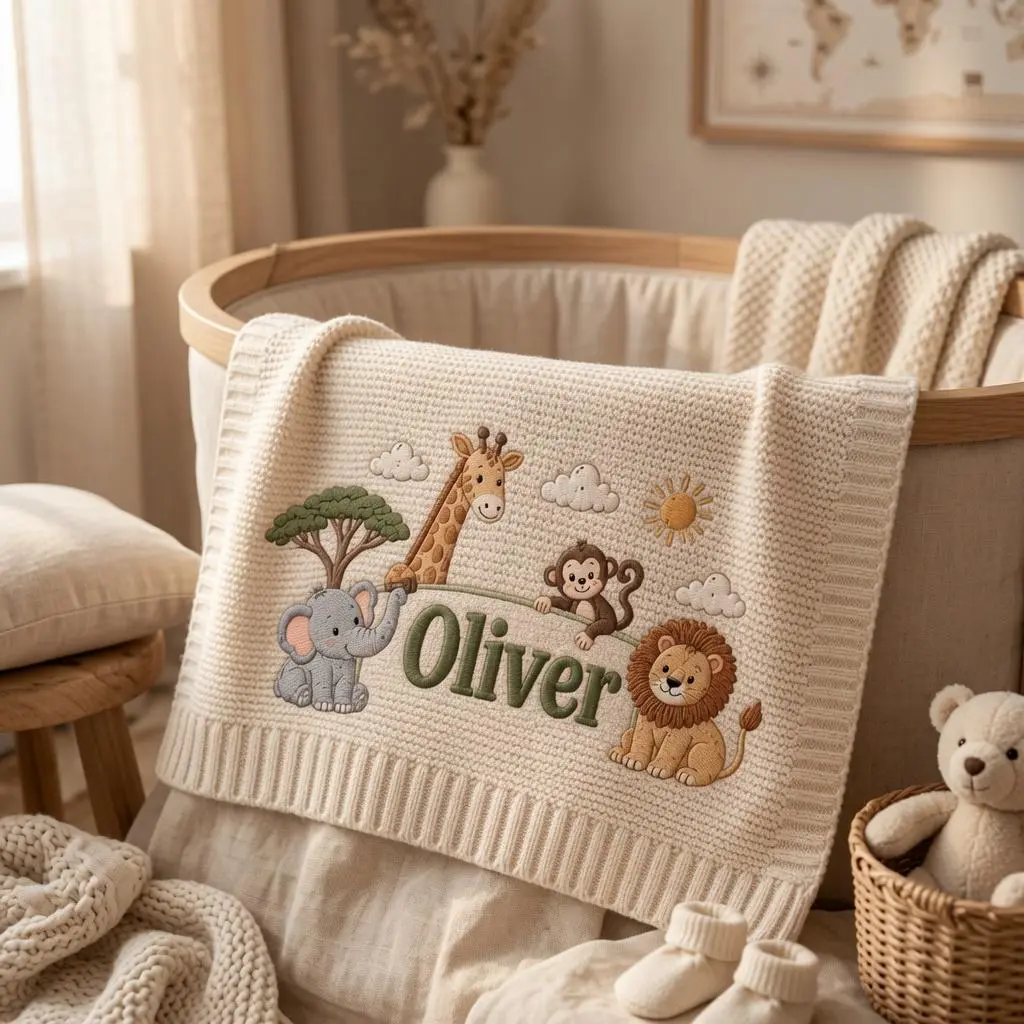 [Made-to-Order] Custom Safari Animal Embroidered Knit Baby Blanket, Personalized Name Blanket, Neutral Nursery Decor, Newborn Keepsake, Baby Shower Gift