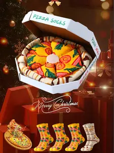 4 Pairs Value Mid-Calf Gift Socks, Unisex Soft Comfortable Long Graphic Socks, Pizza Box Design, Perfect for Valentine's Day, Easter, Birthday, Socks Men