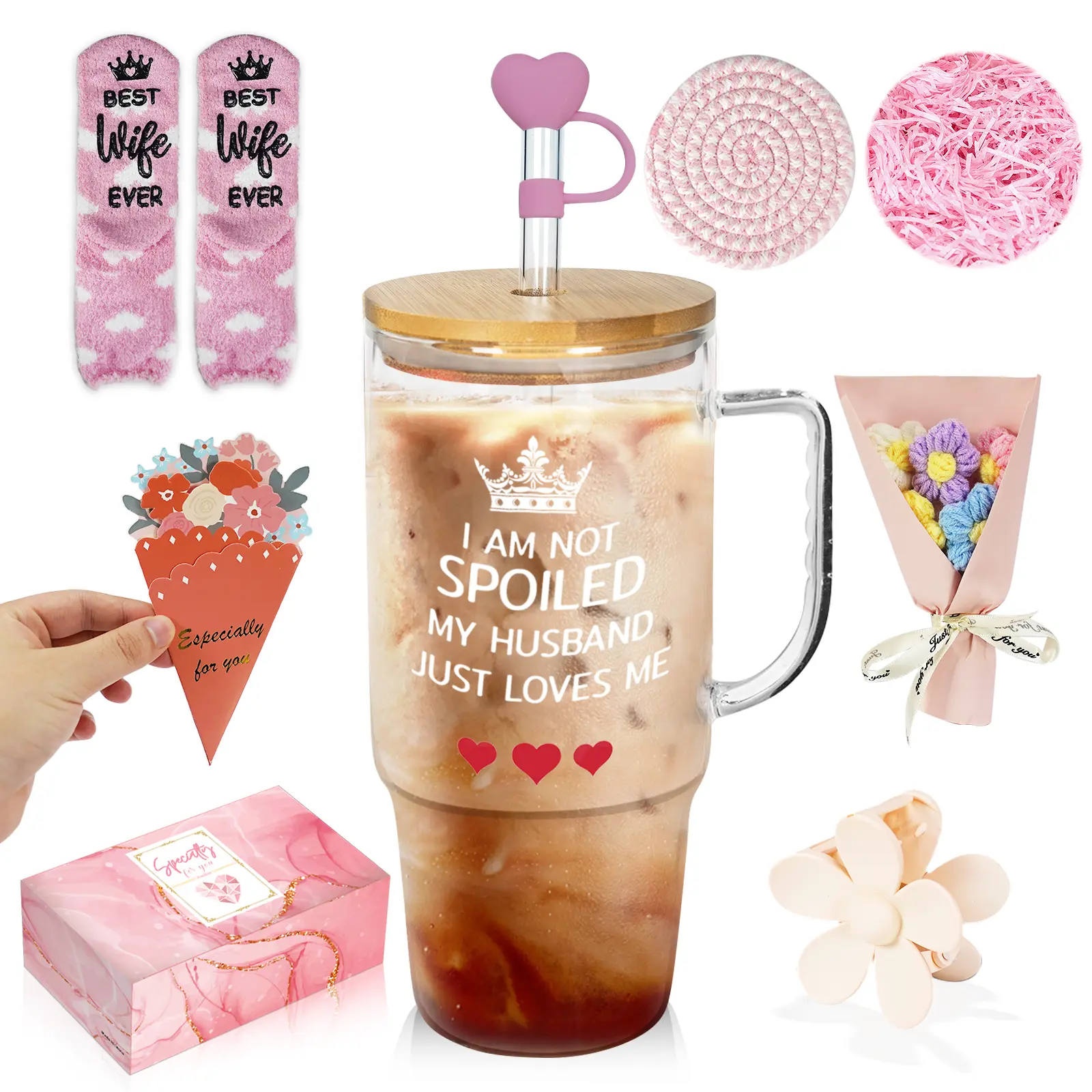 ANOTION Romantic Gift Box for Wife - 40oz Travel Mug with Cozy Socks, Bouquet & Thoughtful Reuse Accessories for Valentine's Day