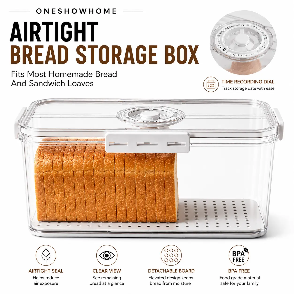ONESHOWHOME Airtight Silicone Bread Box with Time-Track Dial, Large Capacity Detachable Lid, Thick Material Preserving Container – Fits Bread, Fruits, Veggies, Mid-Year Sale Deals backtoschool
