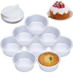 4 Inch Cake Pan Set of 8, Anodized Aluminum Round Cake Pans with 100 Pcs Parchment Paper Tins Baking Pan for Cheese Cake, Pizza, Quiche, Non Toxic, Leakproof, Easy Pop Out