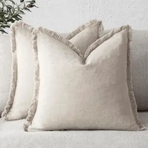 Set of 2 Decorative Linen Fringe Throw Pillow Covers Cozy Farmhouse Boho Cushion Cover with Tassels Soft Accent Pillowcase for Couch Sofa Bed Living Room Home Decor 20×20 Inch Beige