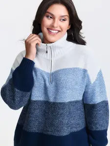 【Shoulder-Softening】Bloomchic Polo Colorblock Half-Zipper Pullover Indigo Long Sleeve Loose Fit Playful Style Geometric & Color Block Garment Womenswear Knitwear