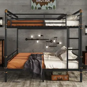 Queen over Queen Metal Bunk Bed, Industrial Detachable Bunkbeds with Safety Guard Rails for Teens, Heavy- Duty Metal Frame, Noise Free, Black