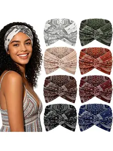 Ladies' 8PCS printed headband, Bohemian headscarf style headband, fashionable cashew anti slip sweat absorbing sports headband, yoga, running daily fashion, 8-piece set of multi-color combination outfit, Elastic headbands